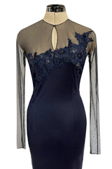 Incredible Early 2000s John Anthony Couture Blue Silk Jersey Dress w See Through Lace  Side & Bodice