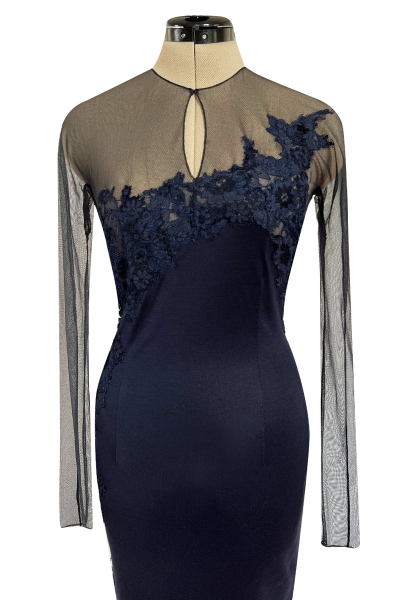 Incredible Early 2000s John Anthony Couture Blue Silk Jersey Dress w See Through Lace  Side & Bodice