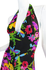 1970s Miss Dior Plunging Bright Floral Print Halter Dress