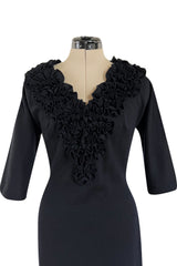 Fabulous Little Late 1950s Unlabeled Black Wool Jersey Ruffled Hem & Collar Dress