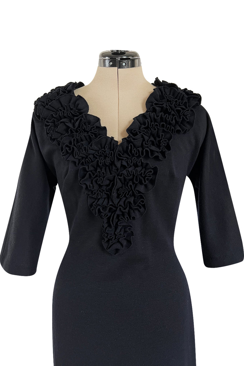 Fabulous Little Late 1950s Unlabeled Black Wool Jersey Ruffled Hem & Collar Dress