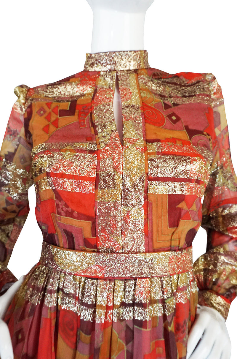 1960s Metallic Malcolm Starr Printed Organza Dress