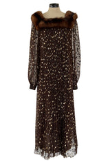 1970s Givenchy by Hubert de Givenchy Haute Couture Gold Metallic Dot on Silk Chiffon Dress w Mink Trim