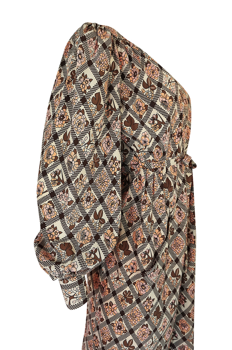 Prettiest 1970s Emanuel Ungaro Haute Couture Full Sleeved Floral & Lattice Printed Silk Dress