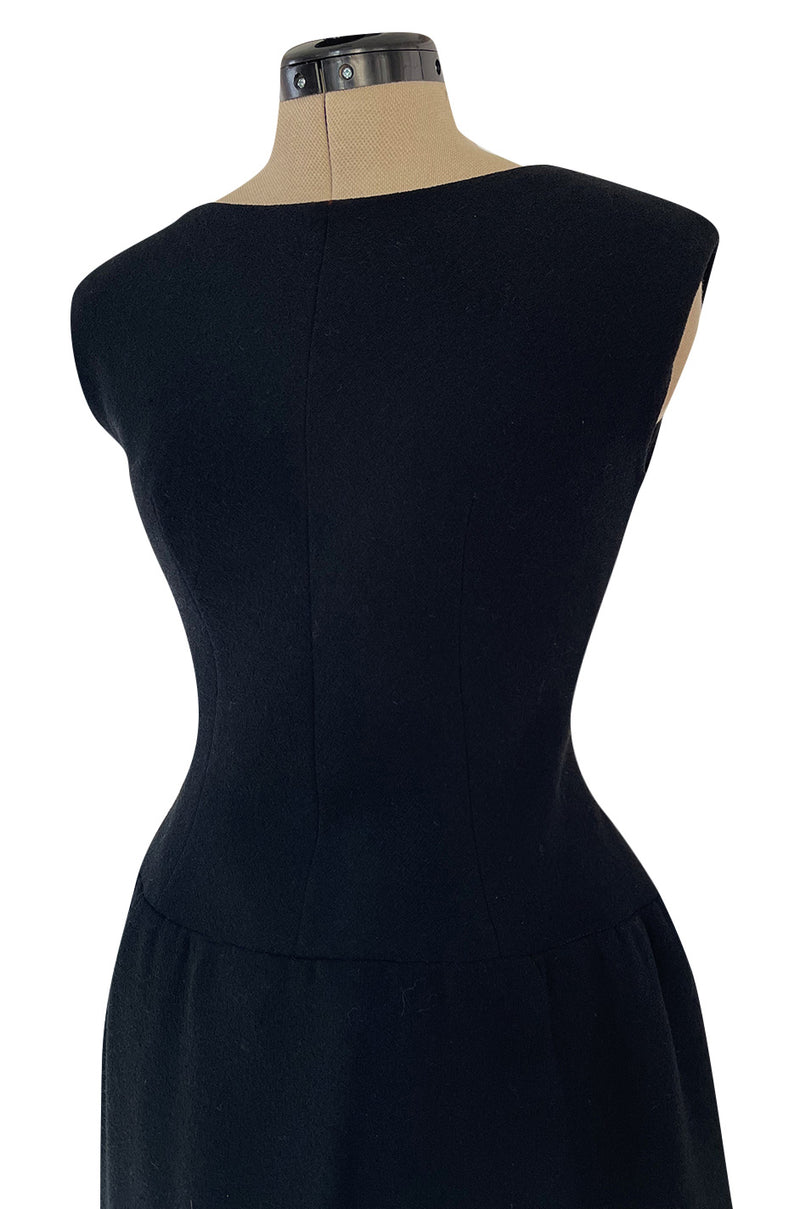 Outstanding 1960s Norman Norell Black Wool Crepe Dress w Full Tiered Skirting