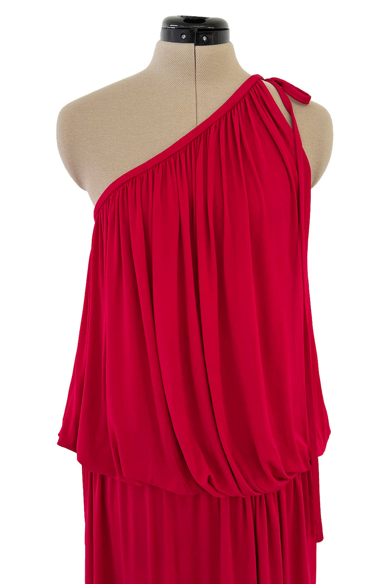 Spring 1982 Yves Saint Laurent Runway & Ad Campaign Red Jersey One Shoulder Dress