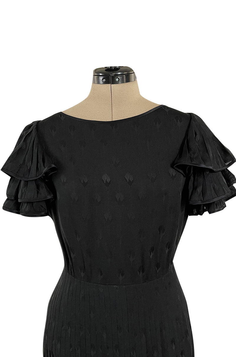 Spring 1980 Valentino Haute Couture Black Floral Silk Dress w Ruffle Sleeves & Pleated Skirt