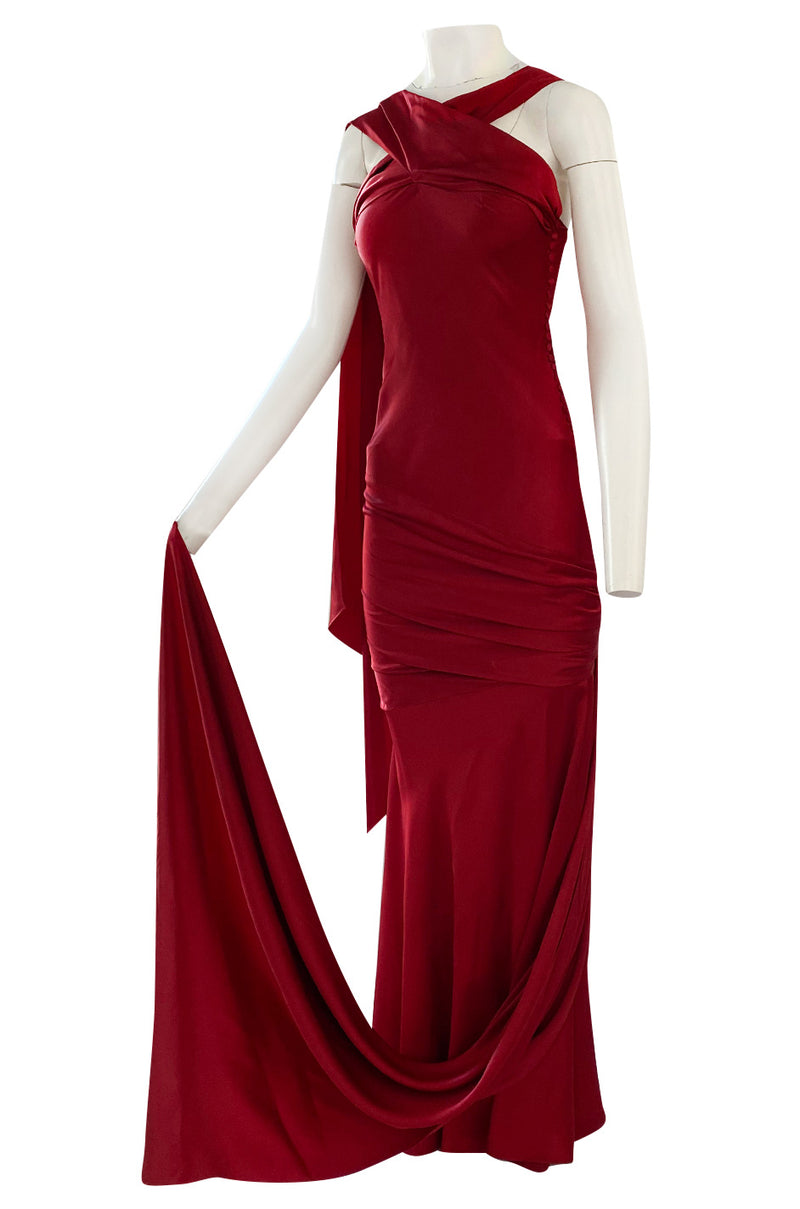 Early 2000s Dior Christian Dior by John Galliano Deep Red Satin Finish Bias Cut Dress w Extended Panel