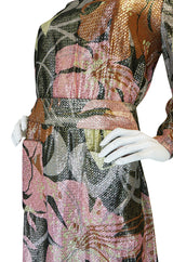 1970s Harry Levine Pink Print Lurex Lame Pocket Dress