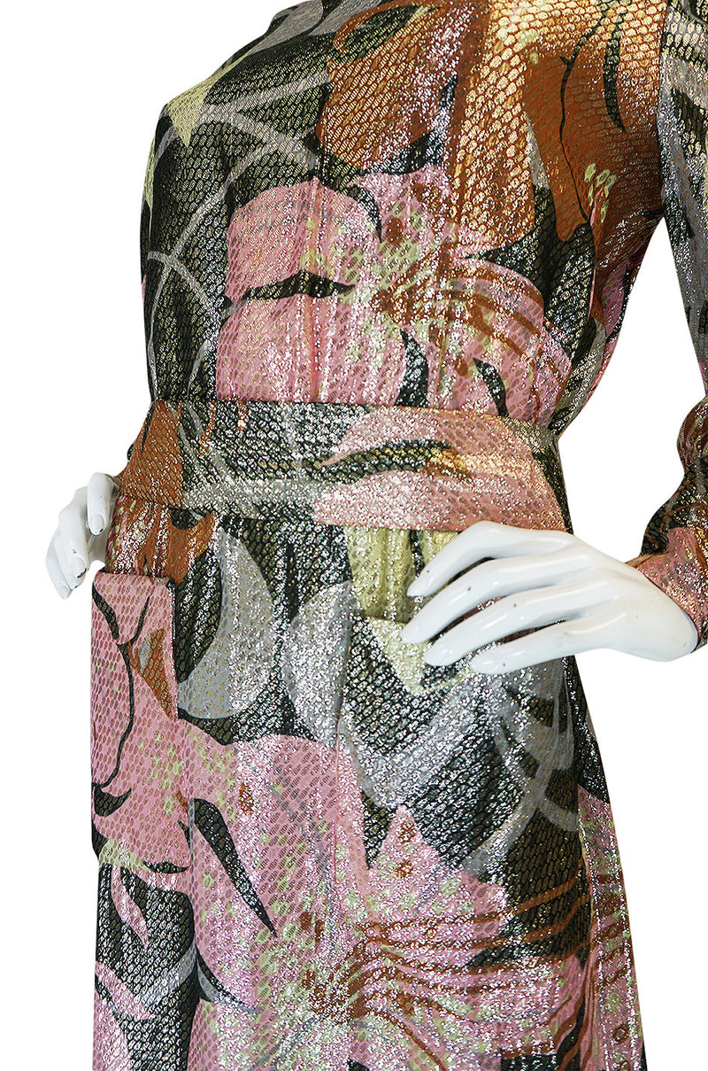 1970s Harry Levine Pink Print Lurex Lame Pocket Dress