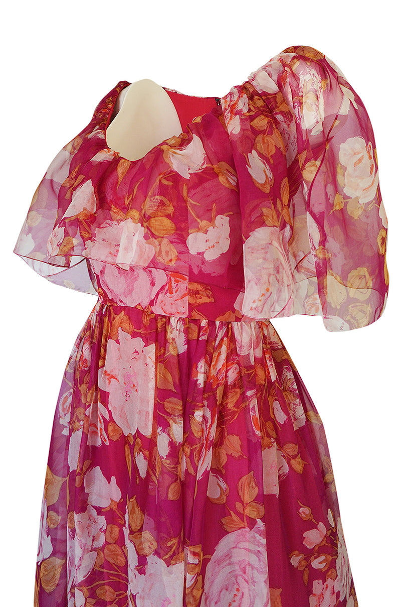 1960s Jean Louis Demi-Couture Silk Chiffon Dress w Caped Bodice