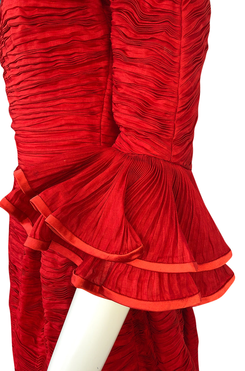 1960s Sybil Connolly Couture 'Non Chalance' Red Ruffled Pleated Linen Dress