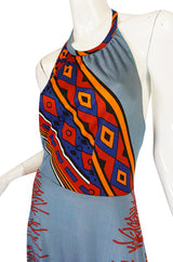 1970s Coral Printed Blue Jersey Halter Maxi Dress