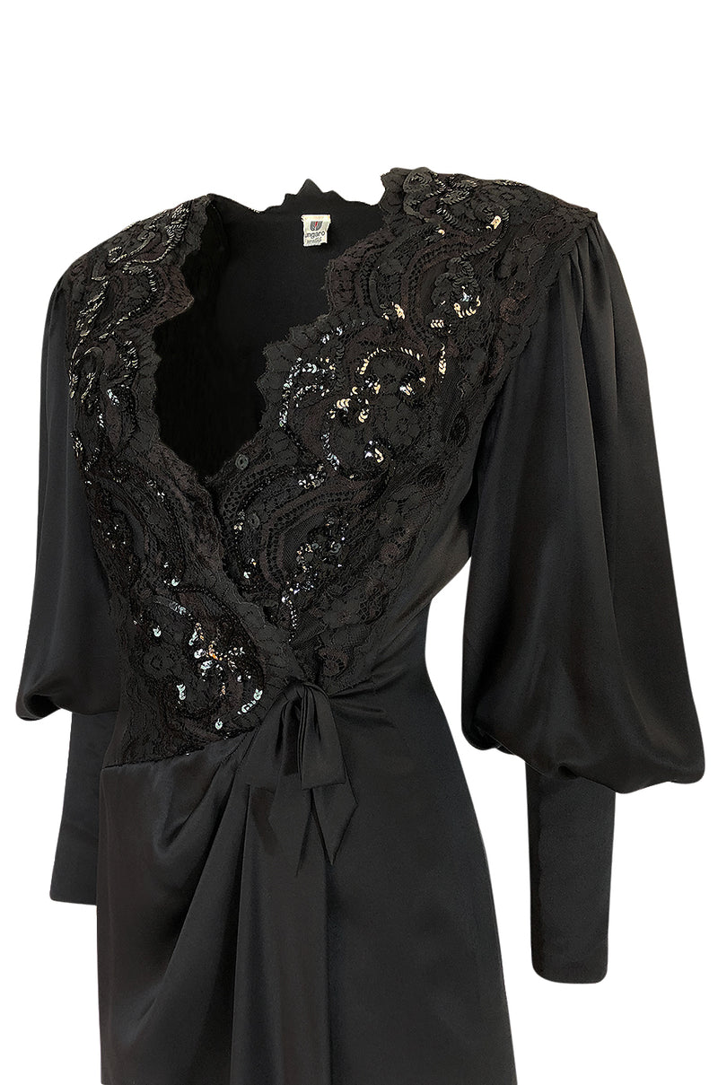 c.1988 Emanuel Ungaro Black Sequin Lace & Silk Satin Dress