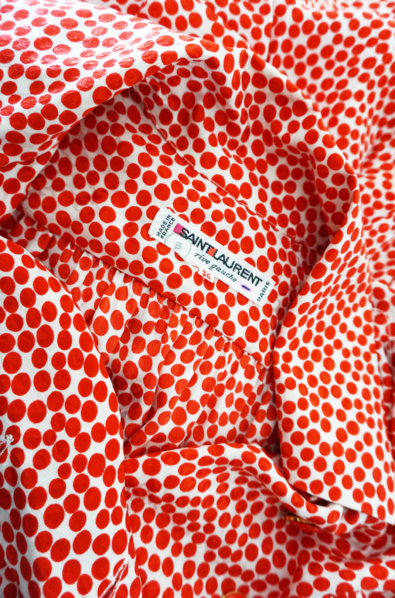 c1980 Yves Saint Laurent Red Silk Dot Day Dress
