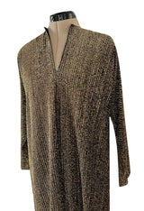 Classic 1970s Halston Metallic Gold Lame Lurex Full Length Caftan Dress w Notched Neckline