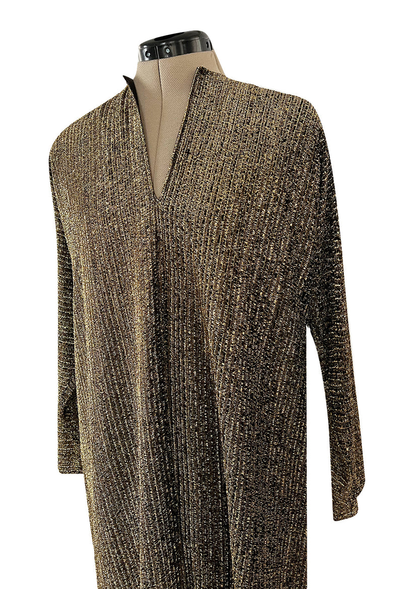 Classic 1970s Halston Metallic Gold Lame Lurex Full Length Caftan Dress w Notched Neckline
