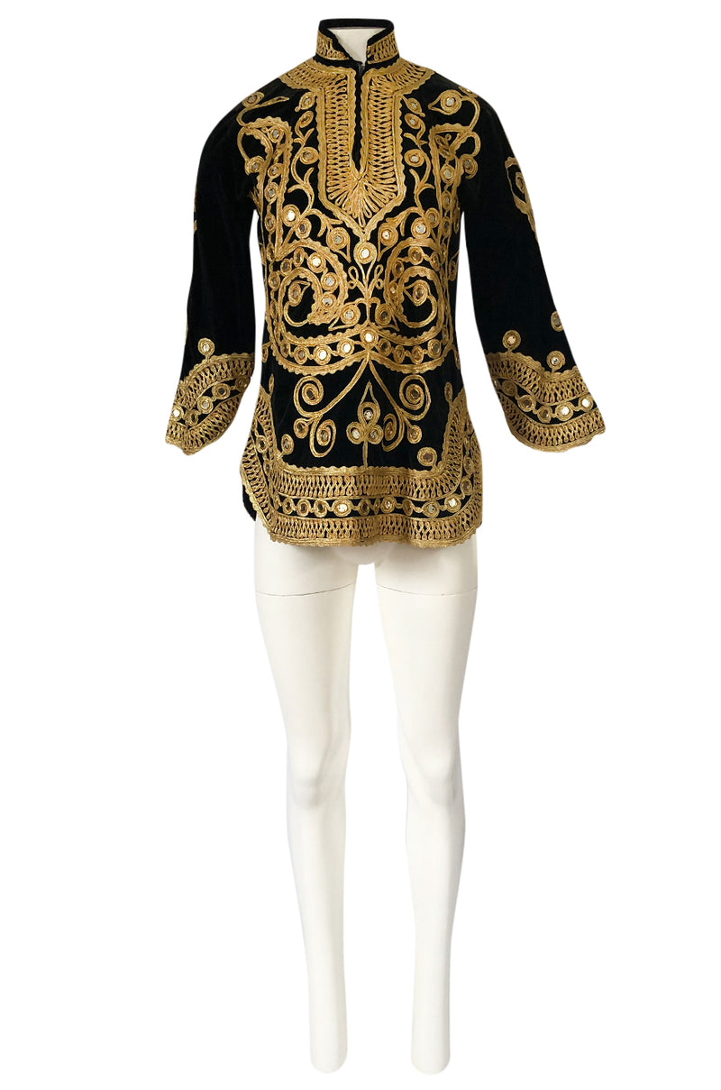 1960s Hand Applied Gold Cord & Mirrors on Black Velvet Tunic Top