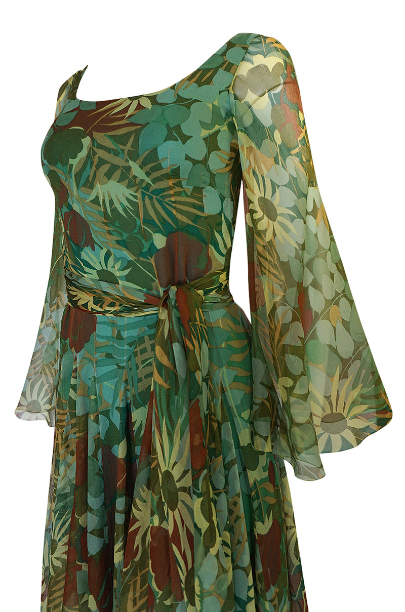 1970s Stavropoulos Couture Floral Print Silk Dress w Pleated Skirt