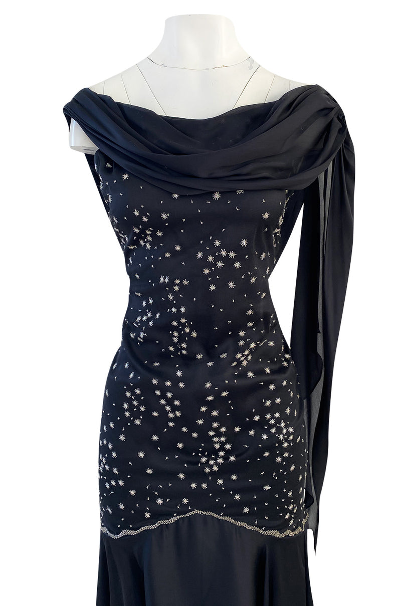 1980s Genny Draped Backless Black Silk Dress w Silver Star Thread Detailing