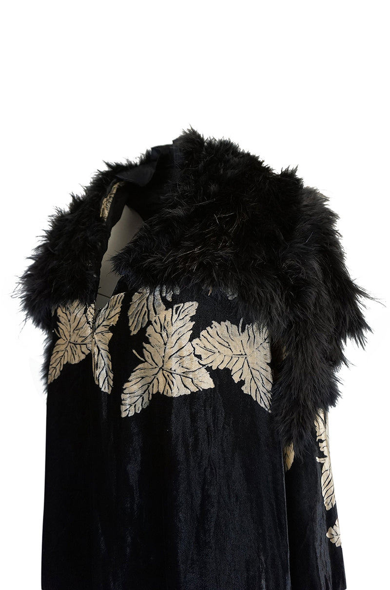 Extraordinary 1920s Evening Velvet & Feather Flapper Coat Cape