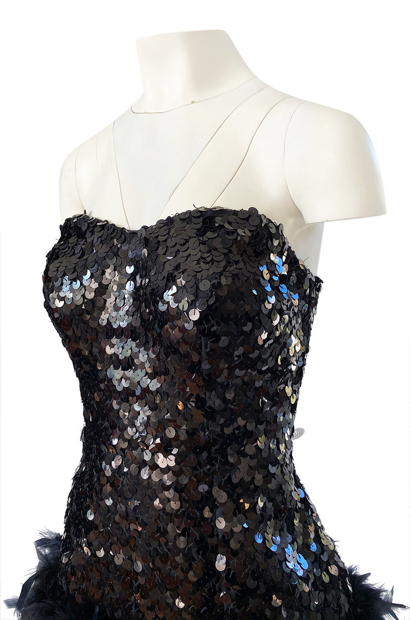 1970s Strapless Black Sequin Micro Mini Dress w Feather Hem