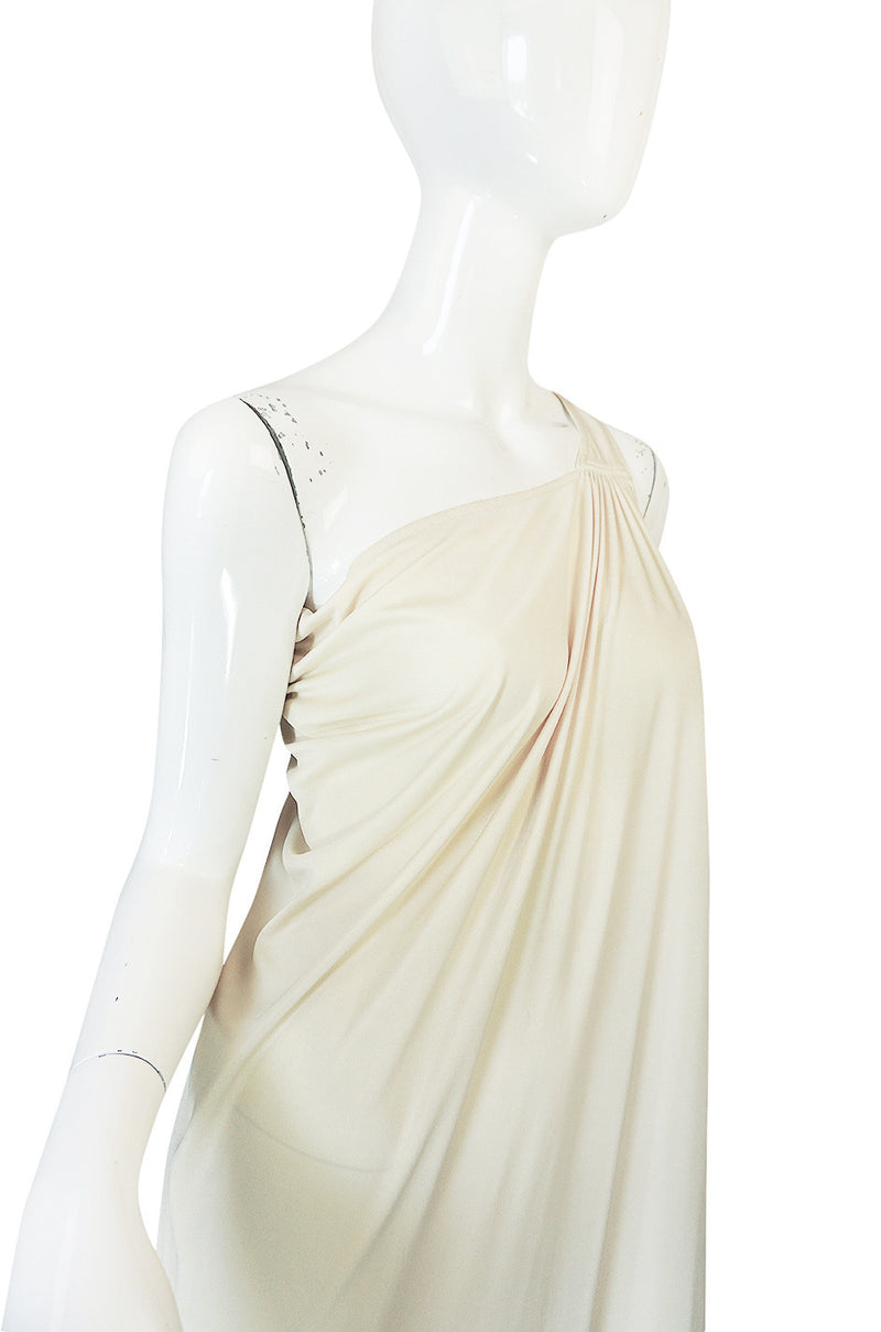 1970s Yuki One Shoulder Draped Cream Jersey Dress