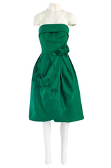 1950s Suzy Perette Emerald Green Strapless Full Skirted Dress w 3D Flower Detailing