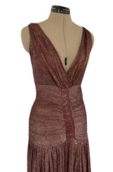 Late 1920s Unlabeled Gold Metallic Lame Thread Mixed w Deep Burgundy Silk Deep Plunge Dress