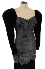 Dramatic 1980s Nina Ricci Black Velvet & Silk Taffeta Dress w Fabulous Sleeves & Slit Skirt