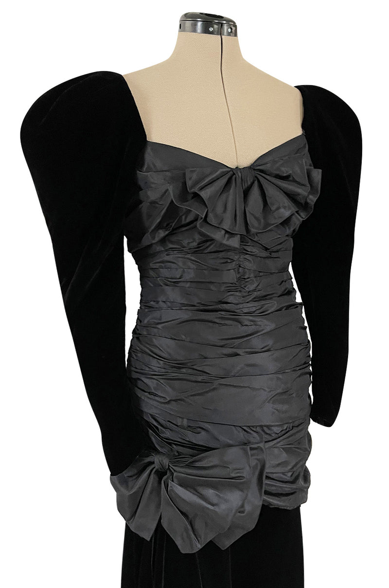 Dramatic 1980s Nina Ricci Black Velvet & Silk Taffeta Dress w Fabulous Sleeves & Slit Skirt