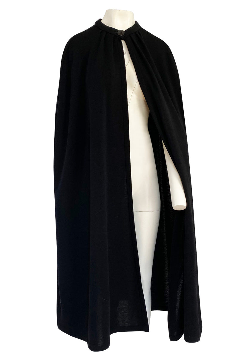 1970s Yves Saint Laurent Fine Black Wool Jersey Minimalist Cape w Button Neck