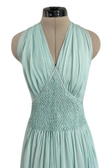 Spring 1976 Chanel Haute Couture Pale Turquoise Silk Chiffon Dress w PinTuck Gathered Front