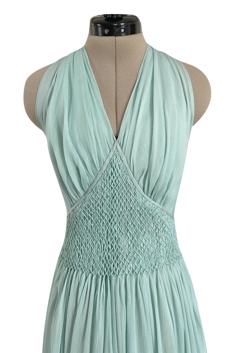 Spring 1976 Chanel Haute Couture Pale Turquoise Silk Chiffon Dress w PinTuck Gathered Front