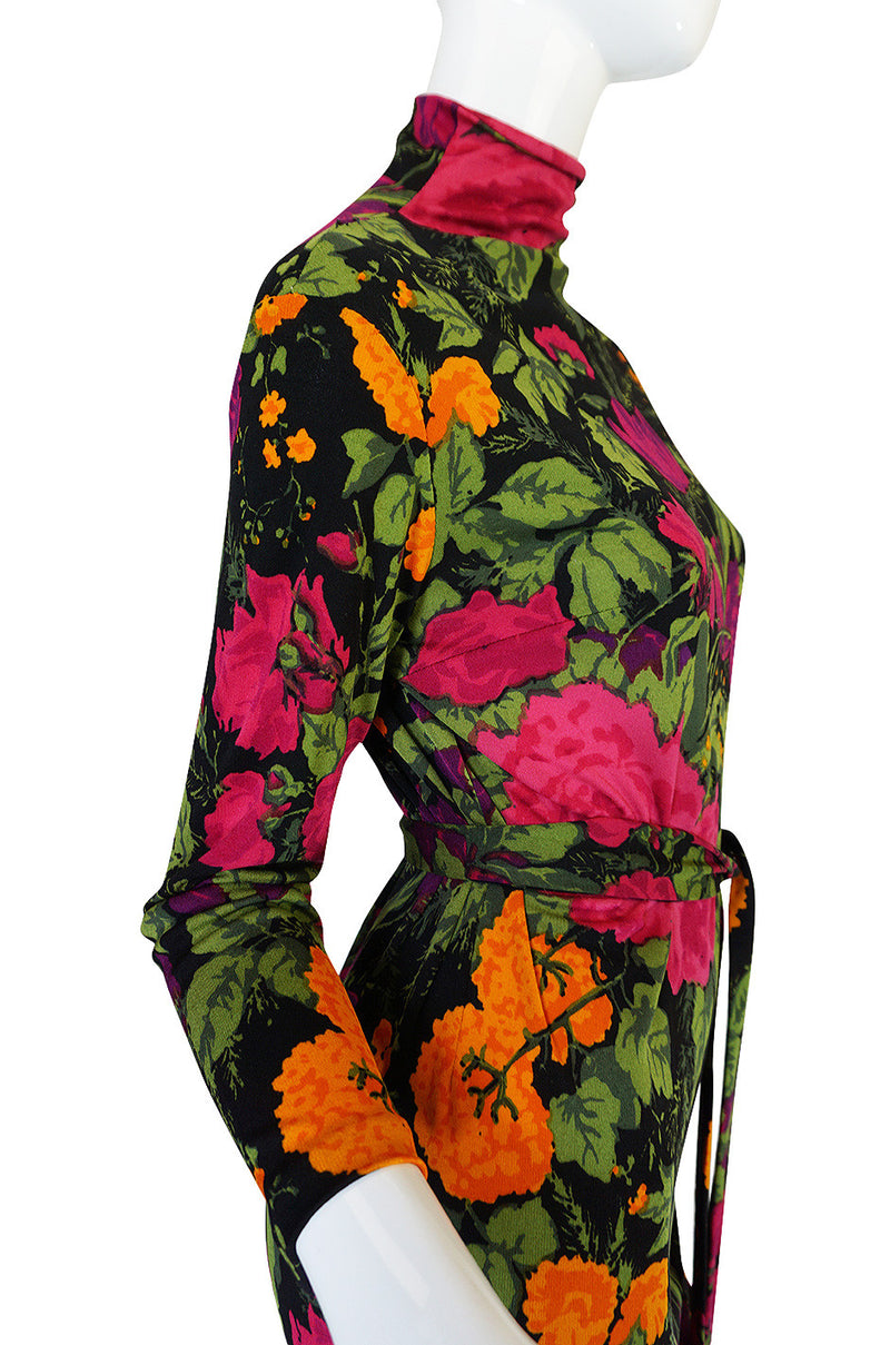 1970s La Mendola Long Silk Jersey Print Dress