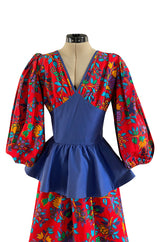 Spring 1983 Yves Saint Laurent Red Floral Print Balloon Sleeve Dress w Corset Waist & Peplum