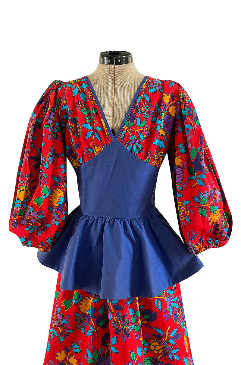 Spring 1983 Yves Saint Laurent Red Floral Print Balloon Sleeve Dress w Corset Waist & Peplum