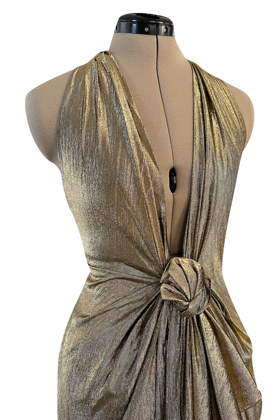 Iconic Fall 1980 John Anthony Couture Plunge Front Gold Lame Halter Dress w Bare Back Iconic Fall 1980 John Anthony Couture Plunge Front Gold Lame Halter Dress w Bare Back