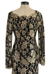 Exceptional Fall 1986 Chanel by Karl Lagerfeld Runway Metallic Gold Thread on Black Silk Net Dress