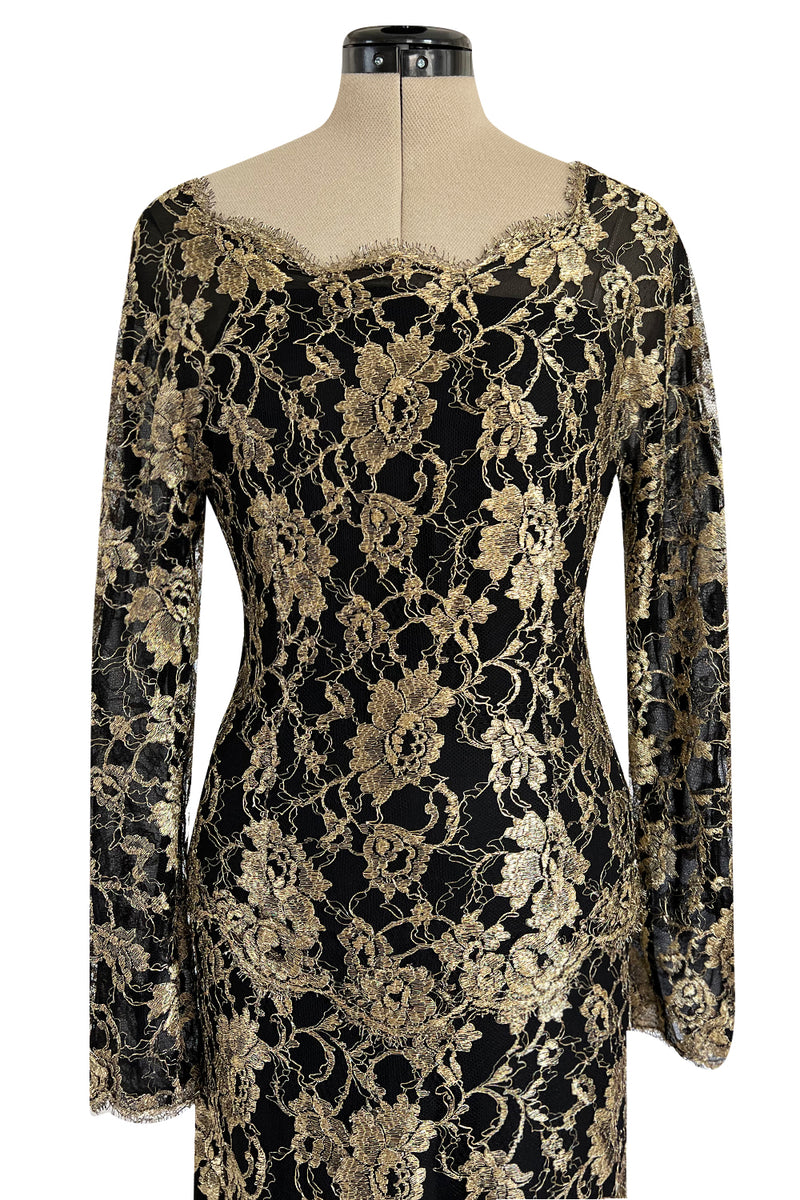 Exceptional Fall 1986 Chanel by Karl Lagerfeld Runway Metallic Gold Thread on Black Silk Net Dress