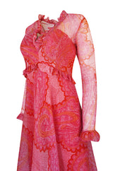 c.1976 Nina Ricci Silk Voile Pink Paisley Print Ruffle Trim Dress