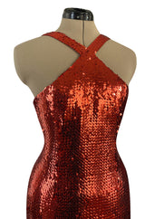 Remarkable Spring 1976 Pierre Cardin Couture Red Sequin Halter Dress w Low Full Skirt Hem