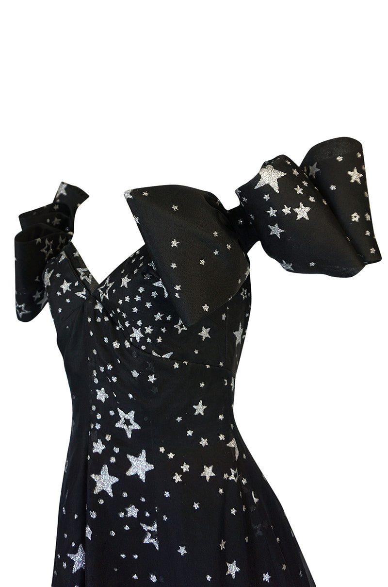 1986 Murray Arbeid Silver Glitter Stars & Bows Ballgown Dress