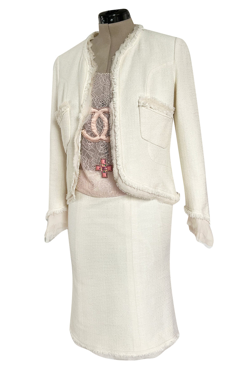 Cruise 2004 Chanel by Karl Lagerfeld Three Piece Ivory Silk Boucle Suit w Silk Chiffon Edging