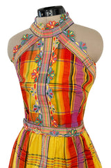 1972 Donald Brooks Textured Cotton Plaid Print Dress w Embroidered Flower Trim