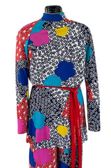 Fantastic 1970s Hanae Mori Bright Floral Print Jersey Pant & Top Set w Signed Belt