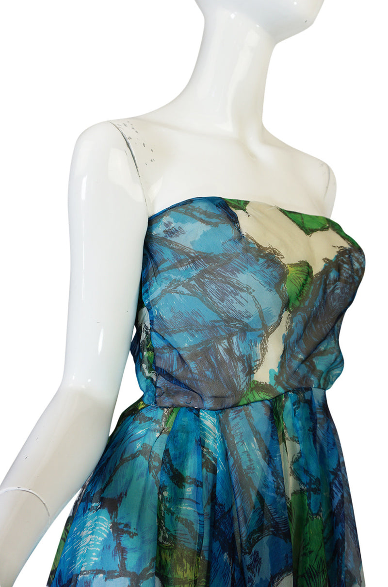 1950s Blue Strapless Silk Chiffon Helena Barbieri Dress