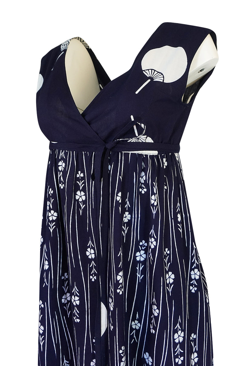 Spring 1977 Hanae Mori Fan & Flower Print Blue Yukata Cotton Dress