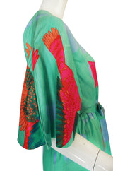 1970s Hanae Mori Green & Tropical Bird Caftan Dress