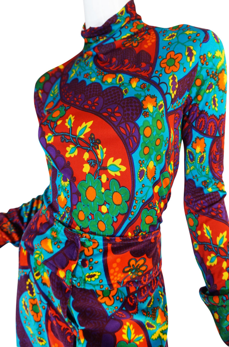 1970s Brilliant Print Velvet Skirt & Silk Turtleneck Set